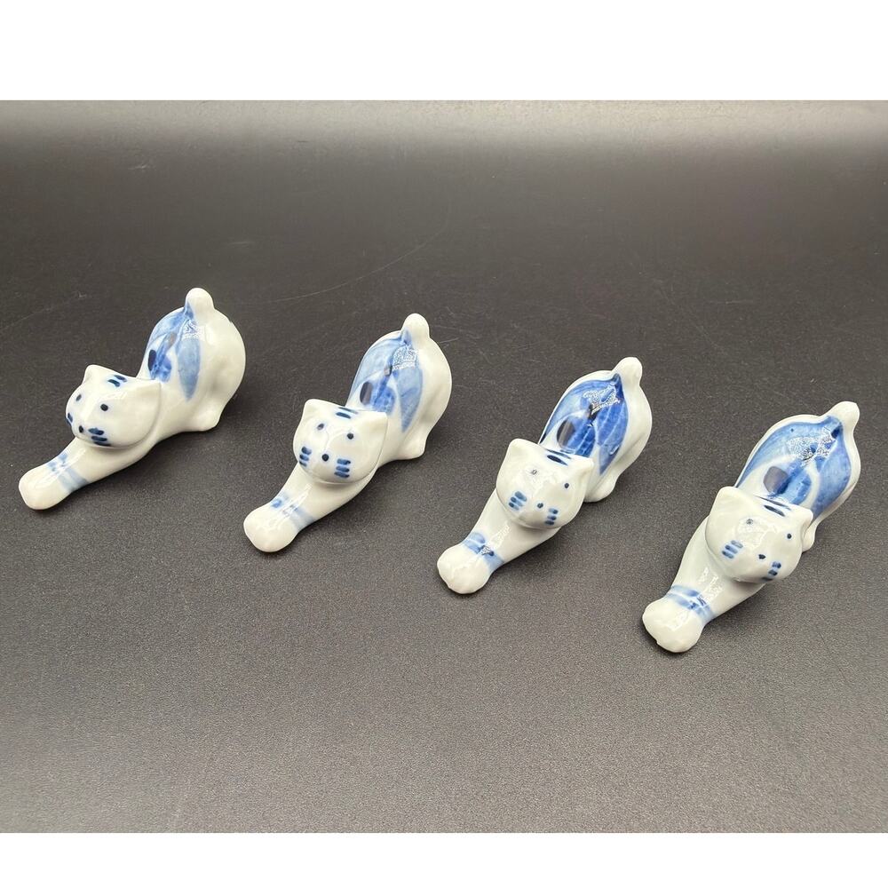 Kotobuki Blue White Ceramic Cat Chopstick Rests Set of 4 Japan Hashioki